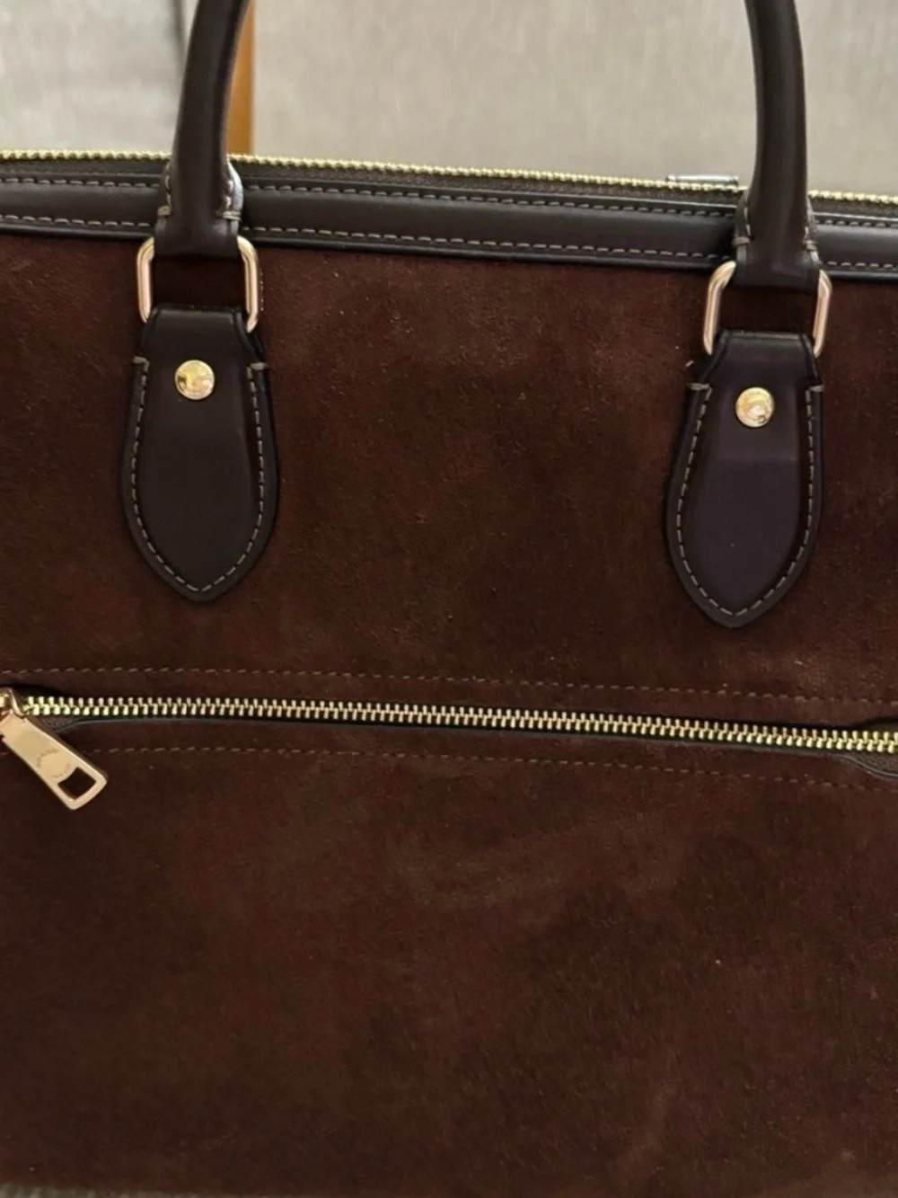Coach Brown Suede Satchel with Dark Brown Leather Trim and Gold Hardware